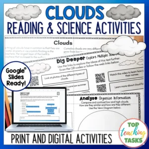 Clouds Reading Comprehension and Science Passages and Activities