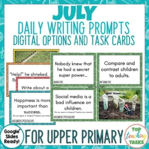 July Writing Prompts Task Cards and Digital Options