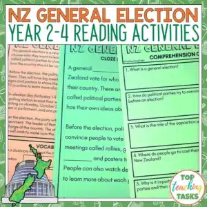 NZ General Election Reading Comprehension and Literacy Activities Year 2-4