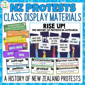 New Zealand Protests Display Materials - Poster, Timeline and Vocabulary Cards