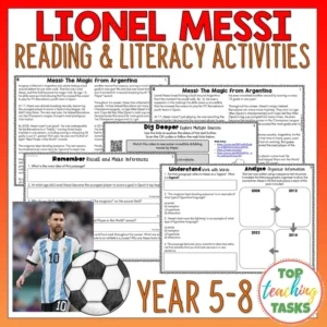 Lionel Messi Reading Comprehension and Literacy Passages and Activities Year 5-8
