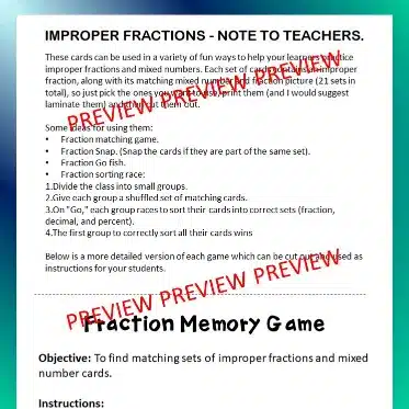 Improper Fraction cards B Improper Fraction cards B
