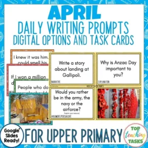 April Writing Prompts Task Cards and Digital Options | Anzac Day