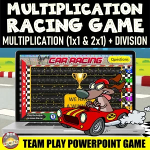 2 by 1-digit and 1 by 1-Digit Multiplication + Division PowerPoint Maths Game: Car Race!