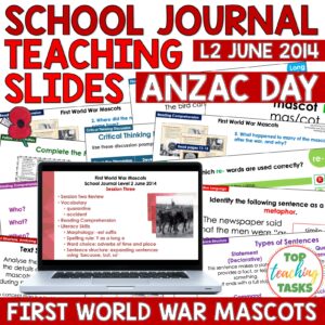 Anzac Day Whole Class School Journal Resource Year 4 - First World War Mascots