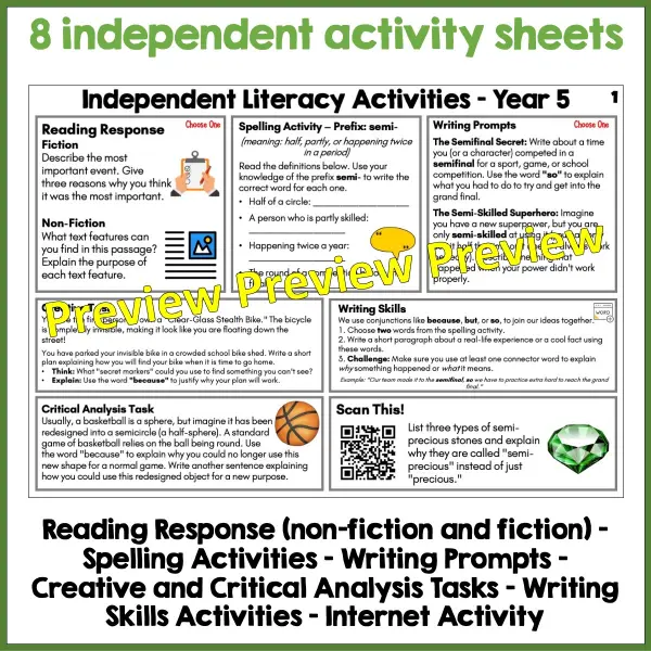 Independent Literacy Activities Year 5 Set One a Independent Literacy Activities Year 5 Set One a