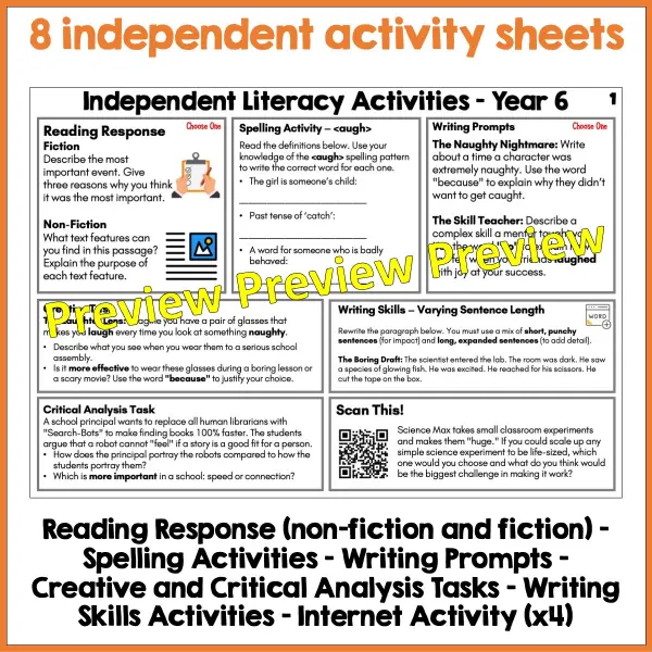 Independent Literacy Activities Year 6 Set One a Independent Literacy Activities Year 6 Set One a